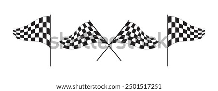 One single and two crossed waving race flags with checkered black and white pattern. Start or finish symbols on sport car competitions. Rally or motocross props. Vector graphic illustration.