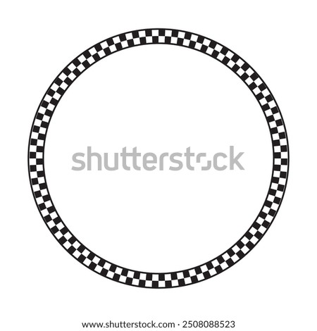 Round frame with black and white checkered print. Circle shaped vignette with checkerboard, race flag or chess game plane pattern. Geometric framework. Vector graphic illistration.