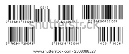 Set of barcode label templates isolated on white background. Collection of barcode icons. Visual digital data representation with merchandise information. Vector graphic illustration.