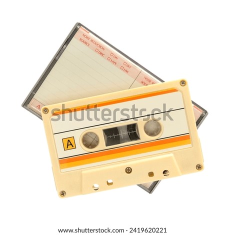 Similar – Image, Stock Photo Compact cassette tapes and cassette recorder. Retro music style. 80s music party. Vintage style. Analog equipment. Stereo sound. Back to the past