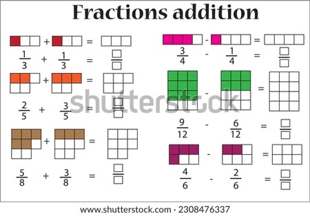 Fractions addition, Add two fractions and write the answer in the box.