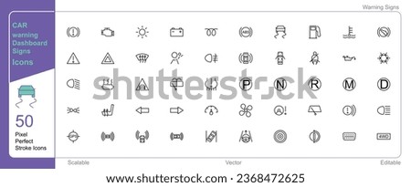 Car Dashboard warning signs and symbols icon | 50 set single stroke vector collection expandable and color changeable pixel perfect arrow sets