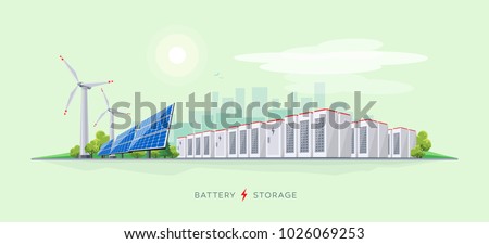 Vector illustration of large rechargeable lithium-ion battery energy storage stationary and renewable electric power station with solar panels and wind turbines. Backup power energy storage system.