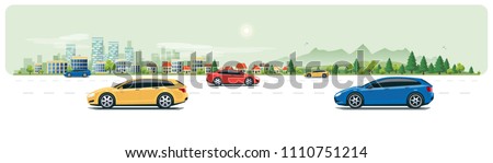 Flat vector cartoon style illustration of urban landscape street with cars, skyline city office buildings, family houses in small town and mountain with green trees on white backround. Road traffic. 