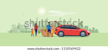 Flat vector illustration of a man with family coming from shopping and loading the car trunk with purchase carton boxes. Oversized big tv box doesn't fit. Shopping mall and city in the background.