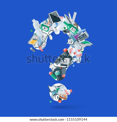 Waste creating question figure. Illustration of trash like, paper, plastic, glass, metal, e-waste, batteries, light bulbs and mixed garbage forming a question mark. Vector concept in cartoon style. 