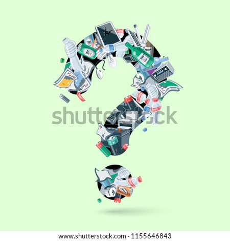 Waste creating question figure. Illustration of trash like, paper, plastic, glass, metal, e-waste, batteries, light bulbs and mixed garbage forming a question mark. Vector concept in cartoon style. 