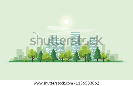 Flat vector illustration of urban road landscape street with city office house buildings and green trees on skyline background in cartoon style.