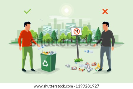 Correct and wrong behavior of littering waste. Person disposed improperly throwing away garbage on the floor. Trash is fallen on the ground. Littering garbage. Littering trash. Rubbish on the ground.