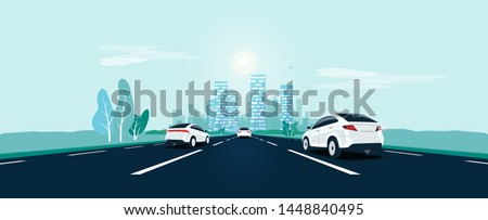 Traffic on the highway panoramic perspective horizon vanishing point view. Flat vector cartoon style illustration urban landscape street with cars, skyline city buildings and road going to the city.