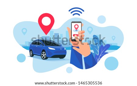 Vector illustration of autonomous wireless parking remote connected car sharing service controlled via smartphone app. Hands holding phone location mark of smart electric car in modern city skyline.