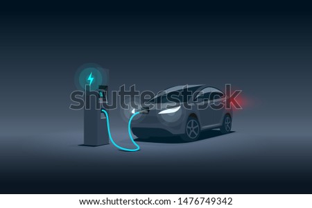 Vector illustration of a luxury black electric car suv charging at the charger station during night time low demand off peak electricity. Electromobility eco future transportation e-motion concept. 