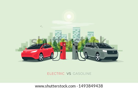 Comparing electric versus gasoline diesel car suv. Electric car charging at charger stand vs. fossil car refueling petrol gas station. Front perspective view. City building skyline in background.