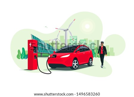 Electric suv car charging at the charger station with a young man approaching. Renewable energy wind turbines and solar panels smart city skyline in background. Isolated vector illustration concept. 