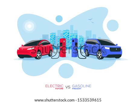 Comparing electric versus gasoline diesel car. Electric car charging at charger stand vs. fossil car refueling petrol gas station. Isolated front perspective view with blue city skyline background.