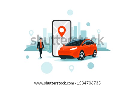 Vector illustration of autonomous online car sharing service controlled via smartphone app. Phone with location mark and smart car with modern city skyline. Isolated connected vehicle remote parking. 