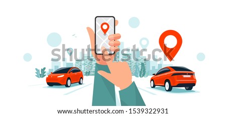 Isolated vector illustration of hands with smartphone app and motorway traffic. Autonomous connected cars on the highway panoramic perspective horizon vanishing point view. Road to the city skyline.