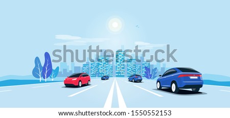 Traffic on the highway panoramic perspective horizon vanishing point view. Flat vector cartoon style illustration urban landscape motorway with cars, skyline city buildings and road going to the city.