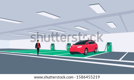 Electric car charging in underground basement garage garage on wall box charger stand. Battery vehicle standing on dedicated parking lot place connected to charging station. Vector illustration.