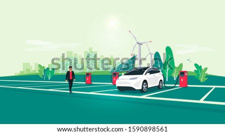 Electric car charging on charger station on rest area road highway to city. Battery vehicle standing on dedicated parking lot. Vector illustration with sustainable renewable solar panel wind power.