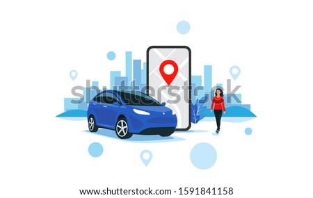 Vector illustration of autonomous online car sharing service controlled via smartphone app. Phone with location mark and smart car with modern city skyline. Isolated connected vehicle remote parking. 