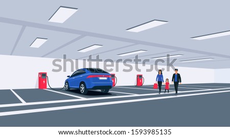 Electric car charging in underground basement garage store on charger station. Battery vehicle standing on parking lot connected to wall box. Vector illustration. Young family shopping while charging.