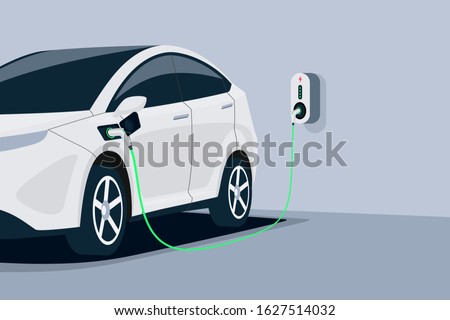 Electric car charging. Car is plugged to charger station in underground home garage . Battery EV vehicle standing parking lot connected to wall box. Close up vector being charged with power supply socket. 