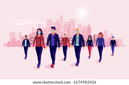 Group of people wearing protection medical face mask to protect and prevent virus, disease, flu, air pollution, contamination. Old man woman walking. Vector illustration with urban city skyline.