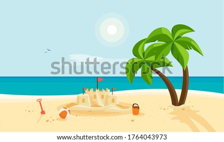 Lonely sand castle on sandy beach with palm tree and blue sea ocean coast line. Clear summer sunny sky in background. Kid toys left near sandcastle on holiday. Cartoon style flat vector illustration.