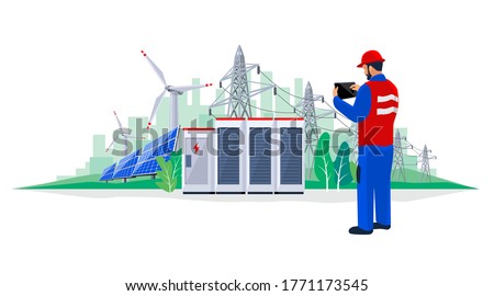 Isolated electrician technician engineer diagnostics electricity power supply grid transmission. Person inspection production facility. Renewable solar panel wind energy plant with battery storage. 