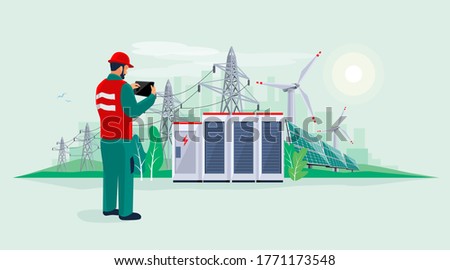Electrician technician engineer man diagnostics electricity power supply grid transmission. Person inspection production facility. Renewable solar panel wind energy plant with battery storage. 