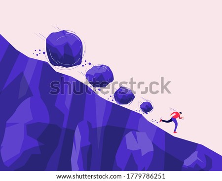 Boulder rocks stone crisis rolling fall down on a run away man from steep mountain hill slope. Covid, financial recession, climate change, biodiversity collapse. Vector concept danger, risk, problem.