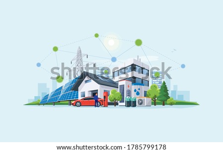 Smart renewable energy power grid system. Off-grid building city battery storage sustainable island electrification. Electric car charging with solar panels, wind, high voltage power grid and city. 