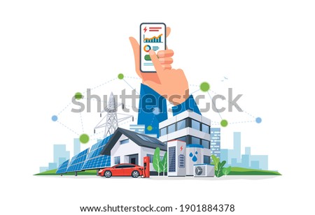 Smartphone with electricity energy control usage monitoring app. Sustainable renewable power plant system storage station with electric car charging solar panels, wind, high voltage power grid city.