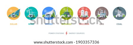Electricity generation source types. Energy mix solar, water, fossil, wind, nuclear, coal, gas and biomass. Renewable pollution power plants station resources. Natural, thermal, hydro and chemical.