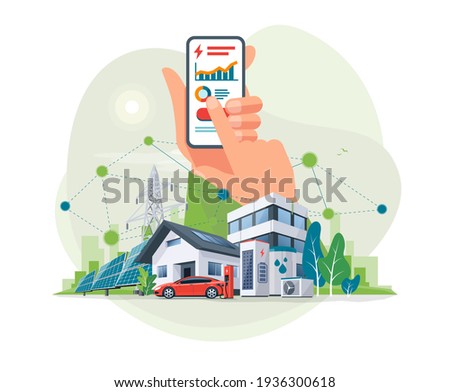 Smartphone with electricity energy control usage monitoring app. Sustainable renewable power plant system storage station with electric car charging solar panels, wind, high voltage power grid city.