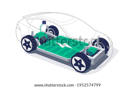 Electric car chassis with high energy battery cells pack modular platform. Skateboard module board. Vehicle components motor powertrain, controller with bodywork wheels. Isolated vector illustration.
