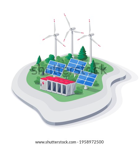 Vector illustration of photovoltaic solar panels, wind turbines and rechargeable lithium-ion battery electricity storage backup. Renewable energy electric smart power station island off-grid system.