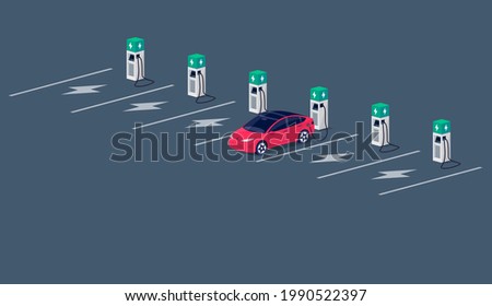 Electric car charging on empty parking lot area with fast supercharger station and many free charger stalls. Vehicle on electricity network grid. Isolated flat vector illustration on grey background.