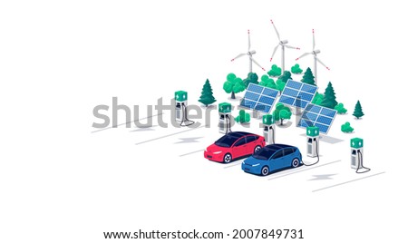 Electric car charging on parking lot area with fast supercharger station and many charger stalls. Vehicle on renewable solar panel wind power station electricity network grid. Flat vector illustration