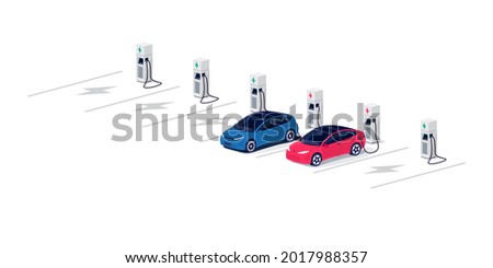 Electric cars charging on empty parking lot area with fast supercharger station and many free charger stalls. Vehicle on electricity network grid. Isolated flat vector illustration on white background