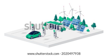 Electric car charging on parking lot with fast supercharger stations and many charger stalls. Vehicle on renewable solar panel wind energy battery storage station in network grid. Vector illustration.