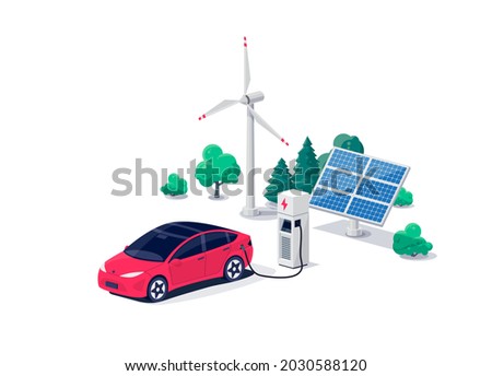 Electric car charging on parking lot area with fast supercharger station stall. Vehicle on renewable smart solar panel wind power station electricity network grid. Isolated flat vector illustration.