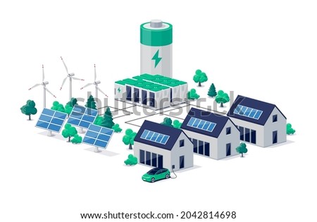 Smart grid virtual battery energy storage network with urban residence house buildings, solar panel plant, wind and li-ion electricity backup. Electric car charging on renewable power supply system.