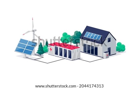 Smart grid virtual battery energy storage network with urban residence house building, solar panel plant, wind and li-ion electricity backup. Renewable sustainable power supply off-grid system.