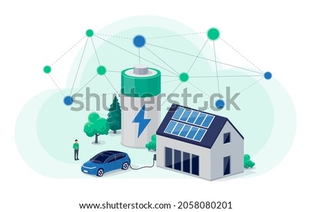 Home virtual battery energy storage with house photovoltaic solar panels on roof and rechargeable li-ion electricity backup. Electric car charging on renewable smart power network grid cloud system.