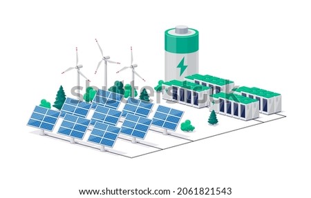 Smart future renewable green power plant with electric solar panel wind and li-ion electricity grid. Clean sustainable battery energy storage industry. Isolated vector illustration on white background