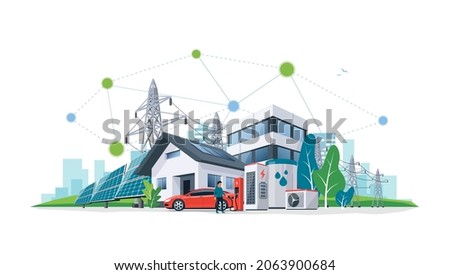Smart renewable energy heat power network system. Off-grid building city battery storage sustainable electrification. Electric car charging with solar panels, wind, high voltage power grid and city. 