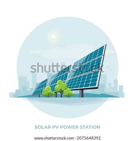 Solar PV panel power plant station. Renewable sustainable photovoltaic solar park energy generation in circle with sun and urban city skyline. Isolated vector illustration on white background.