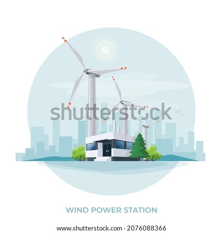 Wind turbines power plant station building factory icon. Renewable sustainable wind park energy generation with sun and city skyline. Isolated vector illustration of windmill farm on white background.